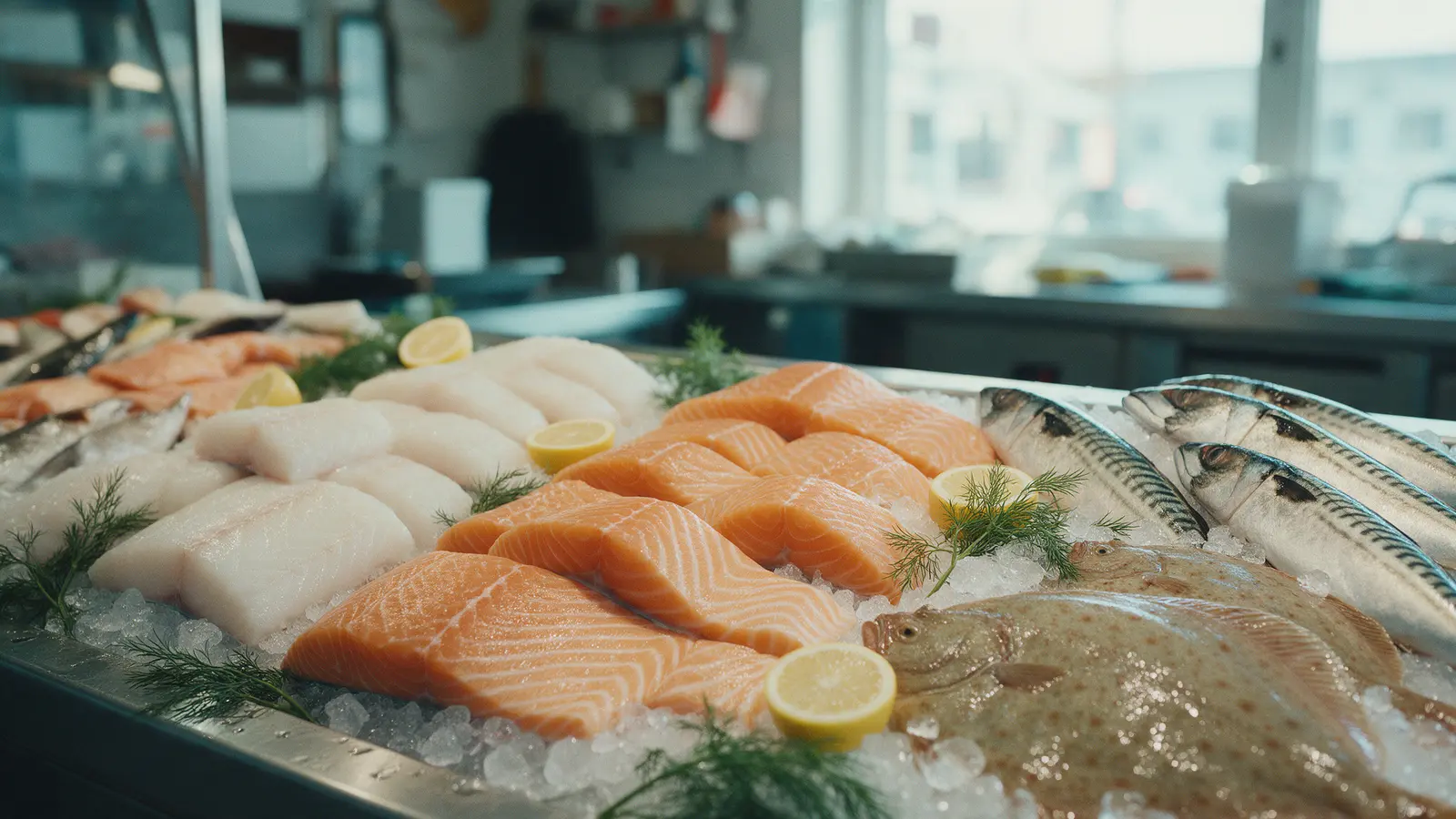 Laxfilé, torskrygg och hel makrill på krossad is i en fiskdisk