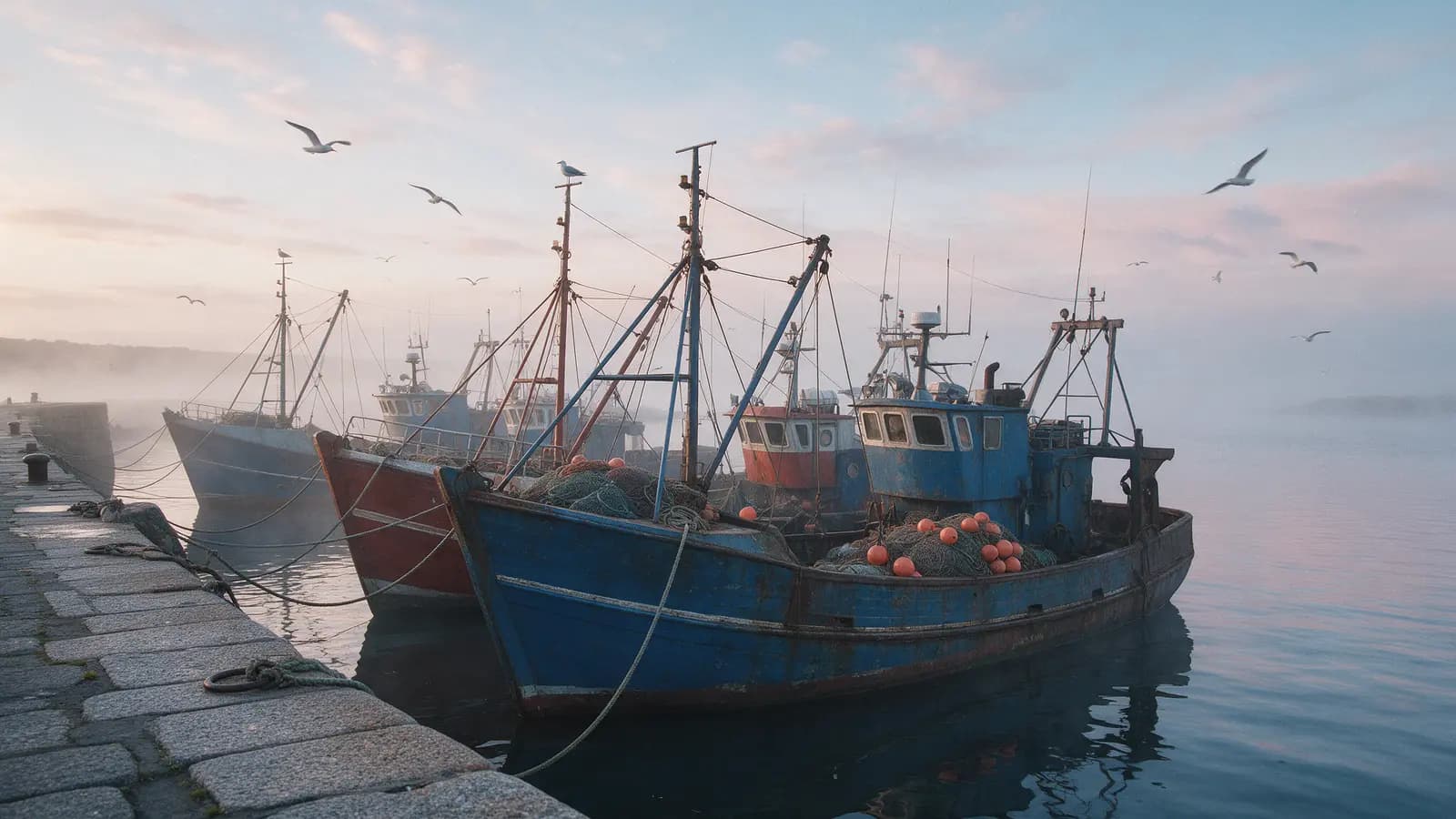 Fiskebåtar vid kaj i en västkusthamn i gryningen