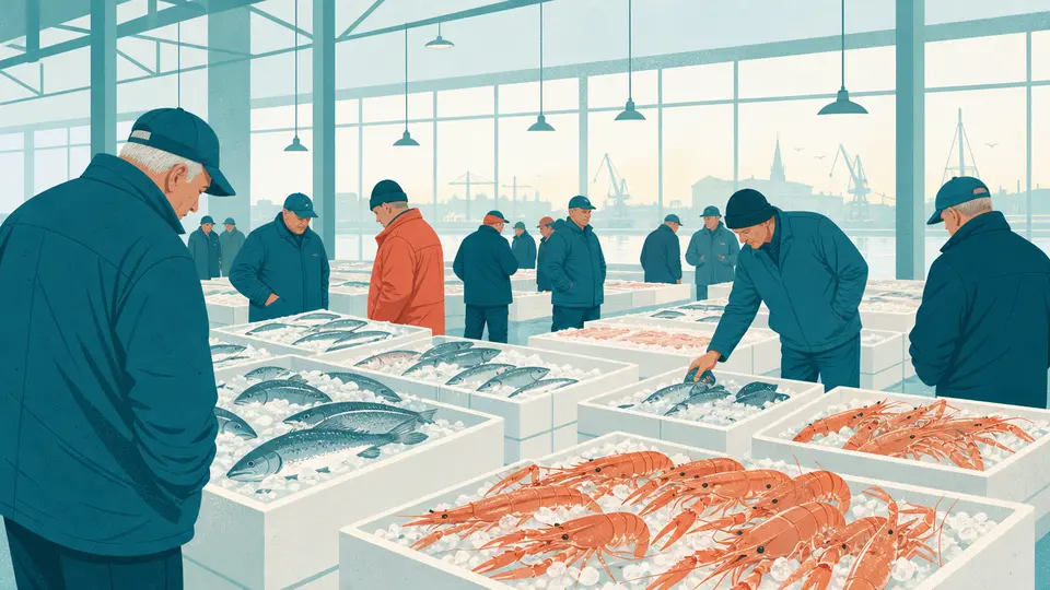 Illustration av Göteborgs fiskauktion med lådor av fisk och havskräftor