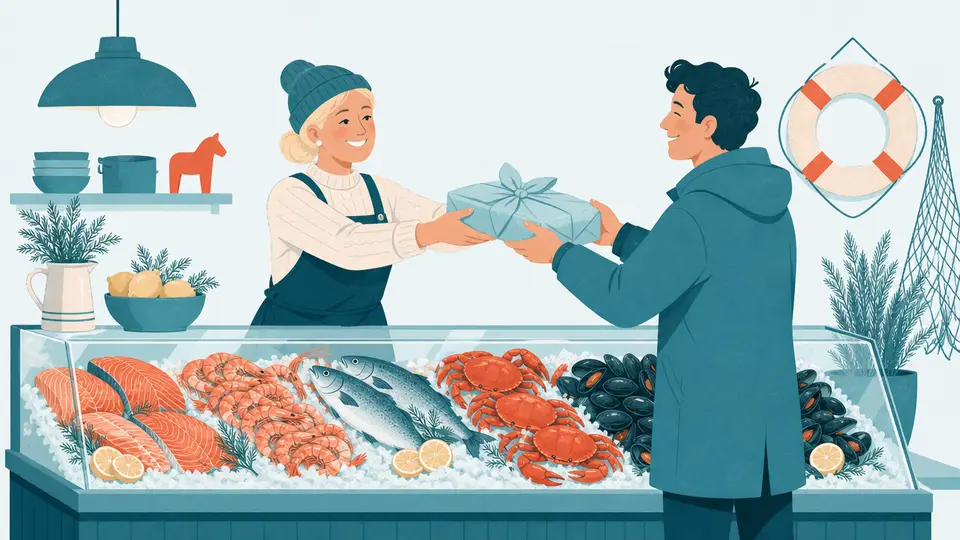 Illustration av Knallefisks fiskdisk med lax, räkor, krabba och musslor