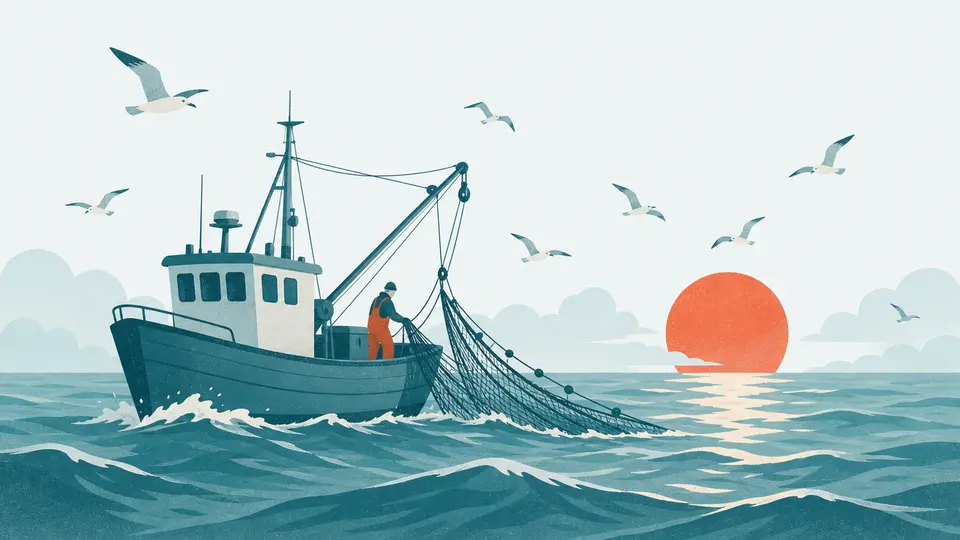 Illustration av en fiskebåt på havet i gryningen