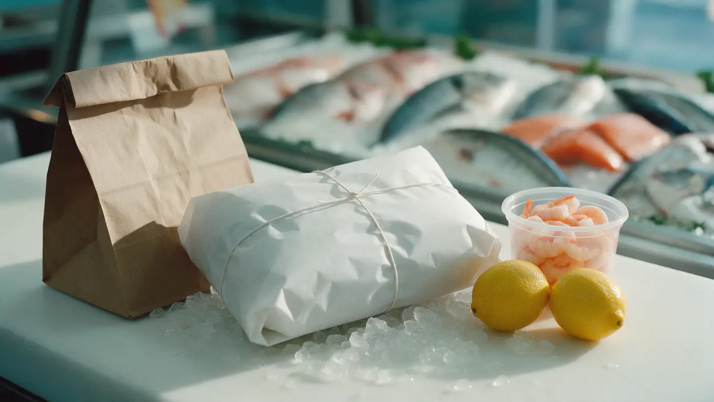 Färdigpackad fiskbeställning i papper med räkor och citroner på disken