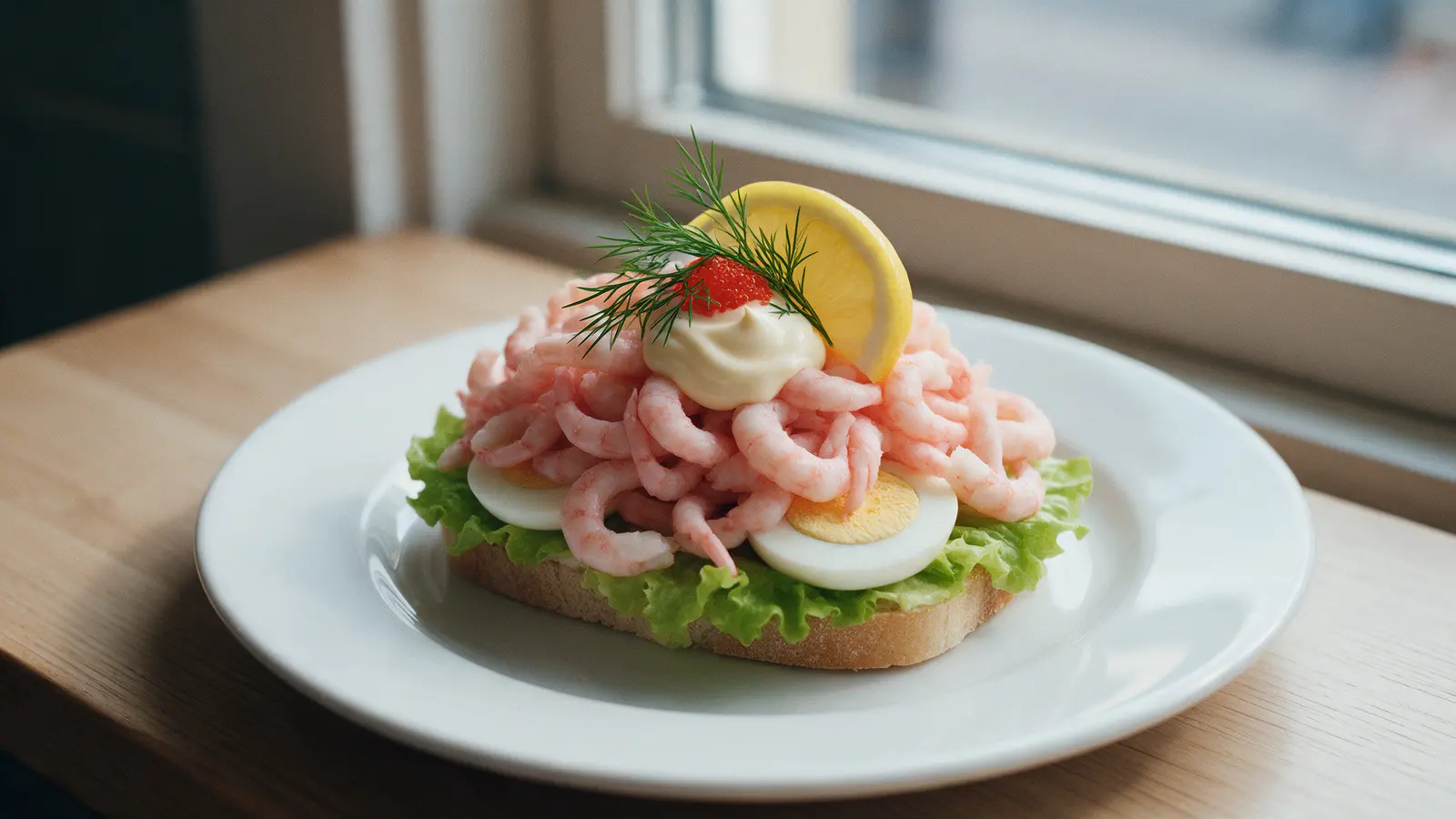 Räkmacka med handskalade räkor, ägg, majonnäs och dill